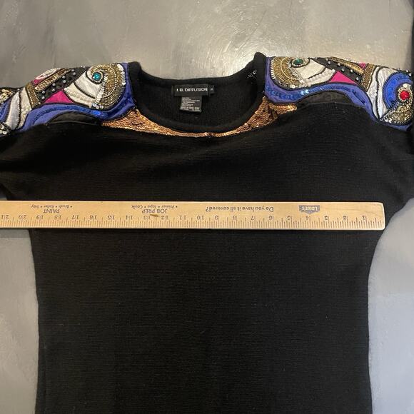 Vintage IB Diffusion Sweater Sequin Silk Angora Women Size S Black Beaded Long - Picture 6 of 8